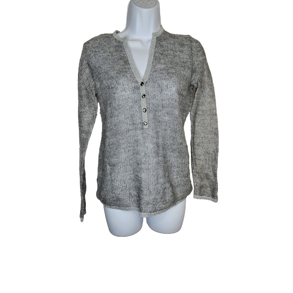 Ann Taylor Petites XSP Silver Metallic Knit Henley Sweater‎ Long Sleeve Sparkle